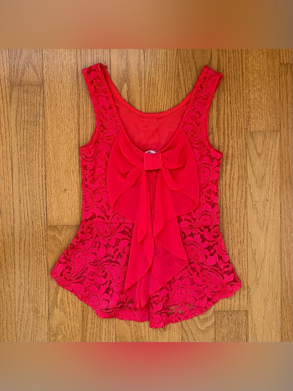 Ambiance Affair red lace tank top with floral paisley design and back bow detail